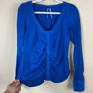 By Anthropologie Ruched Front Cotton V Neck Long Sleeve Top Cobalt Blue Size M